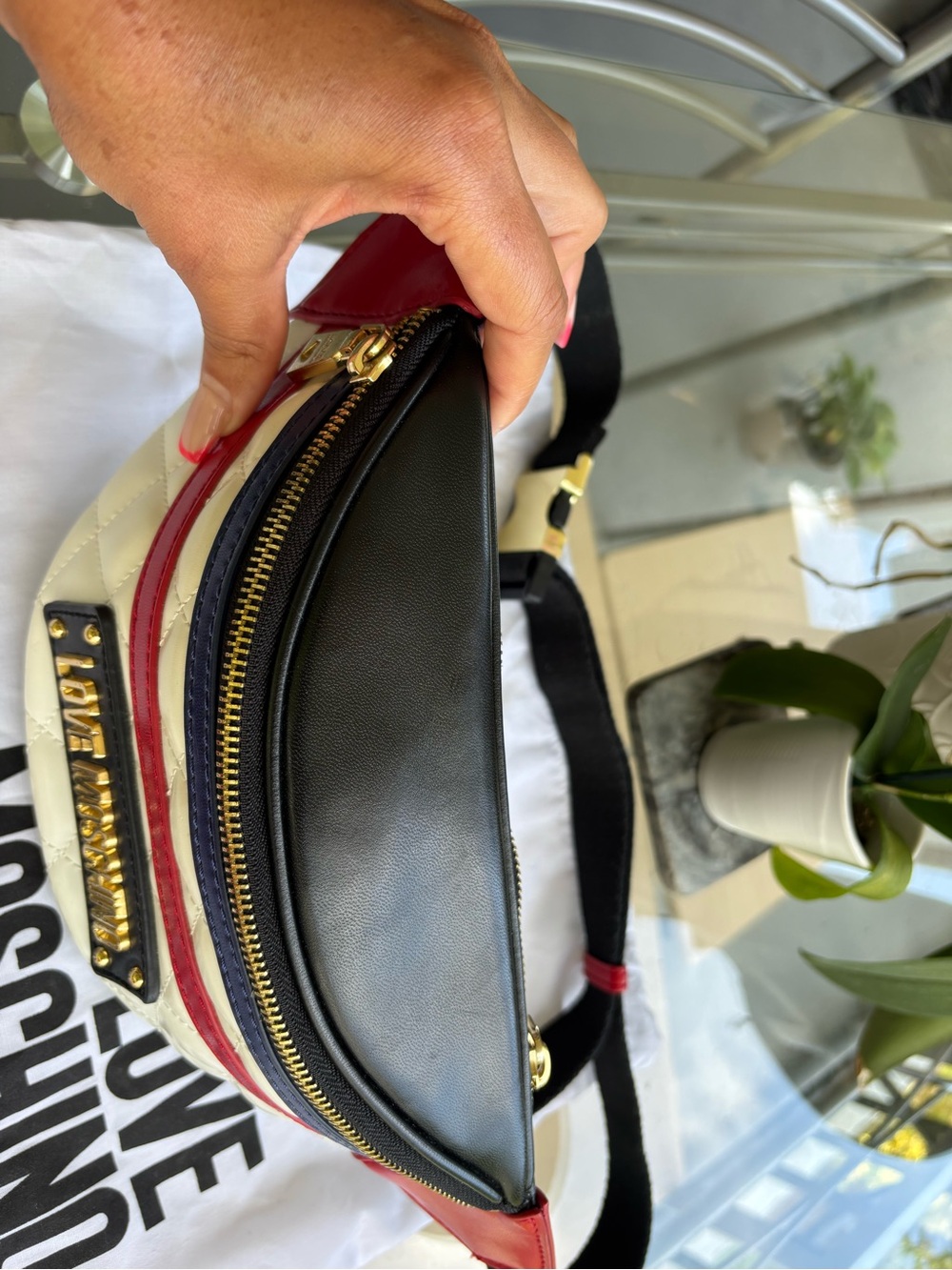 Love Moschino Quilted Cream, Red & Navy Belt Bag with Gold Logo - Picture 5 of 9